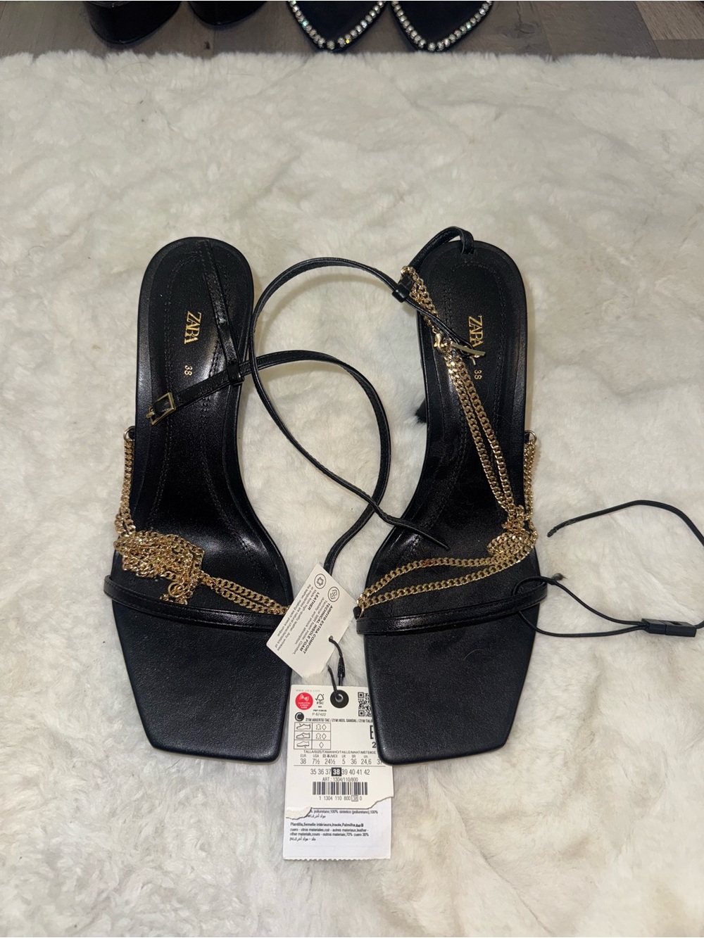 Zara Black Square-Toe Heeled Sandals with Gold Chain Detail